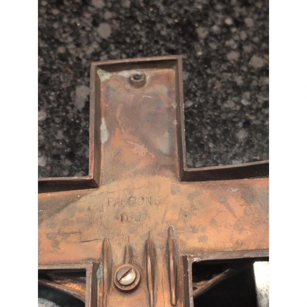 Vintage Parsons Crucifix Casket Topper Copper Color Metal Curved 12